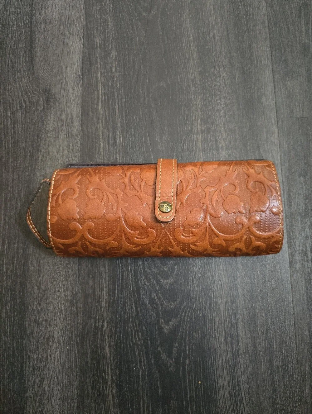 Tooled Leather Makeup Brush Roll Organizer Cognac Brown Barrel Zip Travel Case